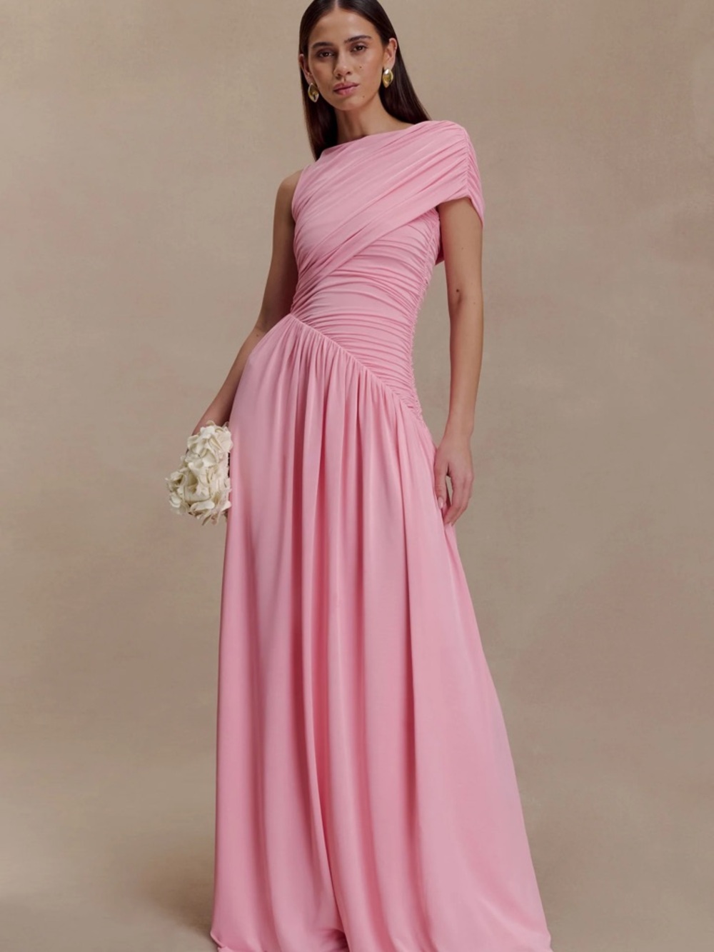 Meshki Blush One-Shoulder Ruched Maxi Dress